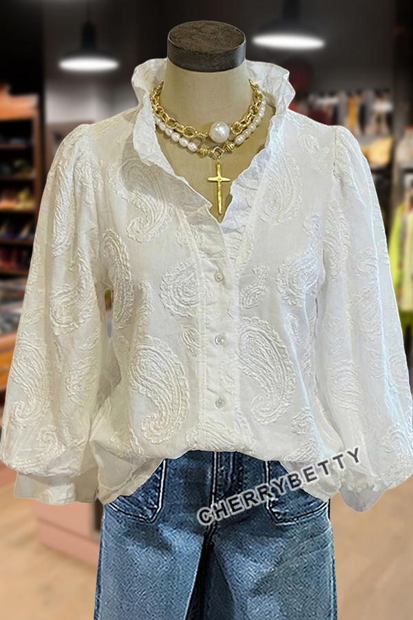 Vintage Embroidered Paisley Ruffle Neck Long Sleeve Blouse