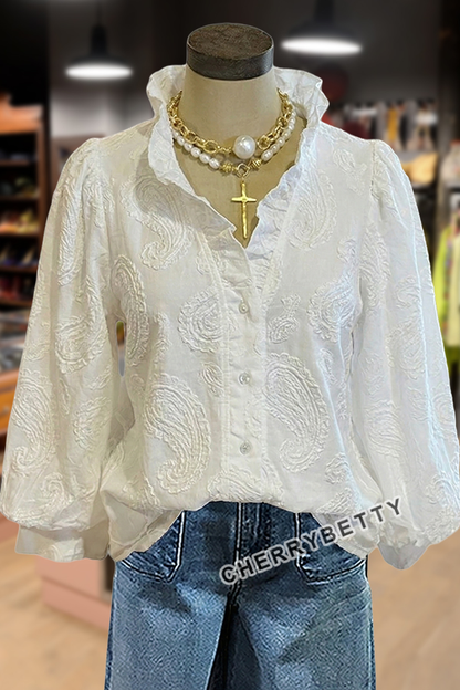 Vintage Embroidered Paisley Ruffle Neck Long Sleeve Blouse