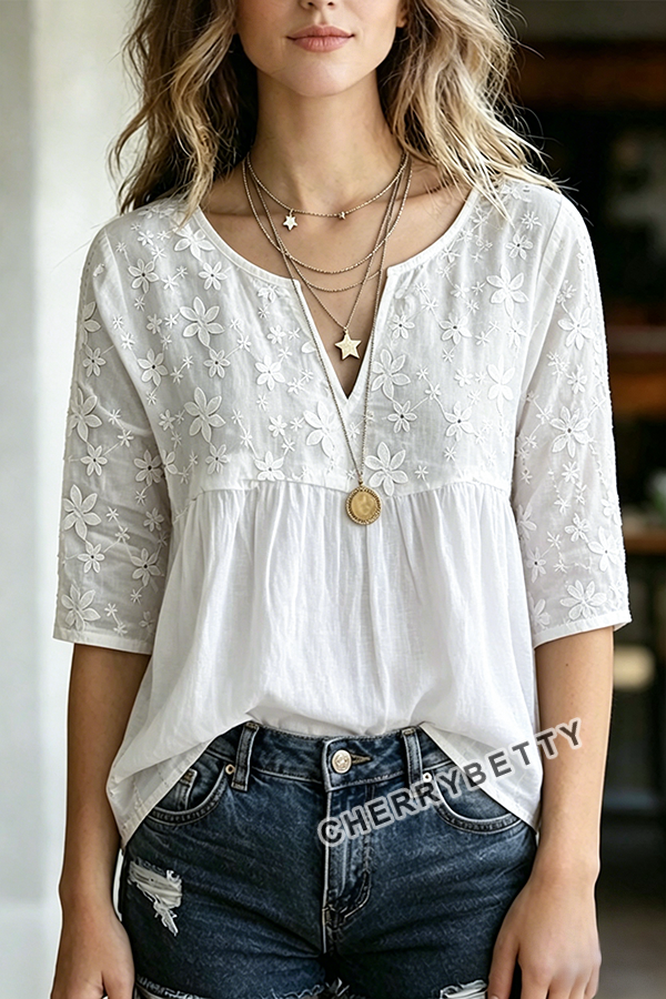 Vintage Floral Embroidered V-Neck Cotton Top