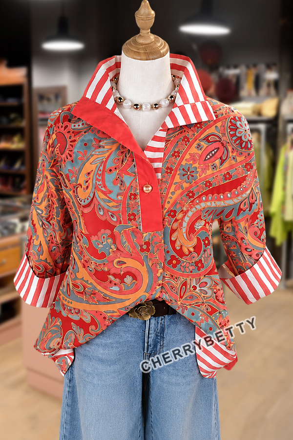 Retro Paisley Print Striped Collar Three Quater Sleeve Blouse