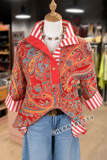 Retro Paisley Print Striped Collar Three Quater Sleeve Blouse