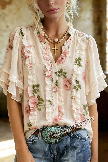 Feminine Floral Print Ruffle Trim Chiffon Blouse