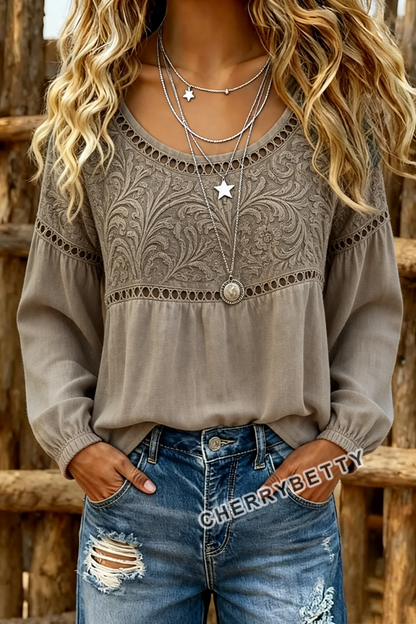 Vintage Floral Print Hollow Out Long Sleeve Top