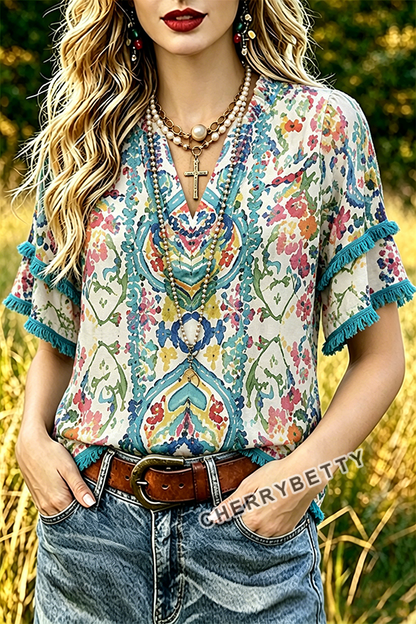 Colorful Floral Print V-Neck Frayed Hem Cotton Top