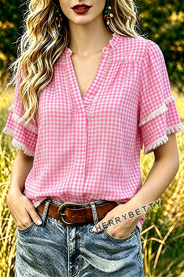 Classic Gingham V-Neck Frayed Hem Cotton Top