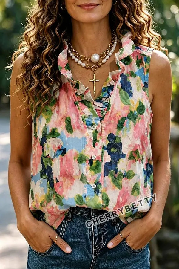 Art Floral Print Ruffle Neck Sleeveless Tank Top