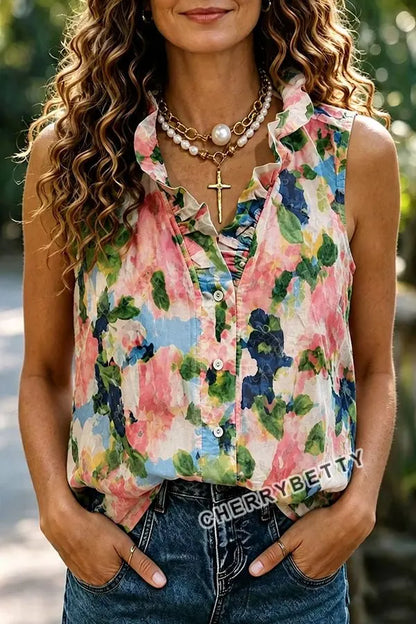 Art Floral Print Ruffle Neck Sleeveless Tank Top
