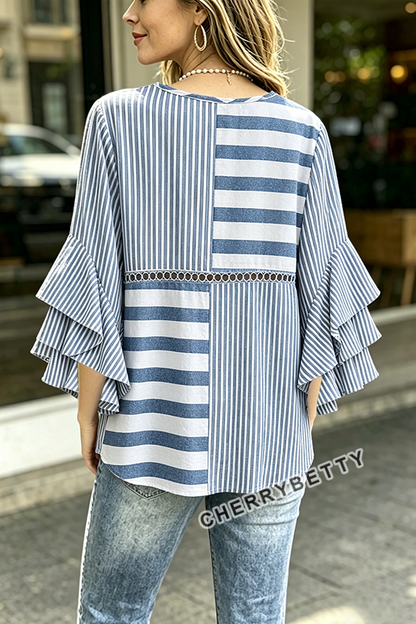 Mixed Striped Pattern Hollow Out Ruffle Sleeve Top