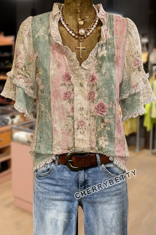 Colorful Floral Print Ruffle Neck Frayed Hem Top
