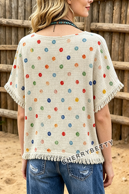 Colorful Polka Dot Print Side Slit Fringe Hem Top