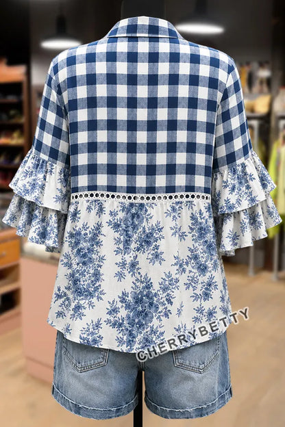 Mixed Plaid Floral Print Hollow Out Ruffle Sleeve Top