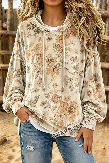 Retro Floral Print Long Sleeve Velvet Hoodie Top
