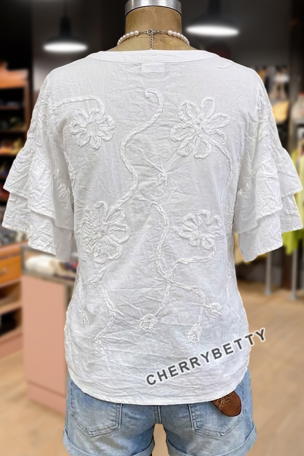 Elegant Flower Embroidered Button Up Ruffle Sleeve Cotton Top
