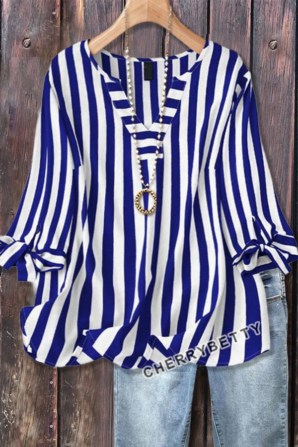 Casual Striped V-Neck Tied Sleeve Top