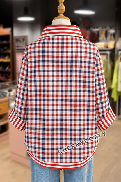 Classid Patriotic Gingham Pattern Striped Collar Three Quater Sleeve Blouse