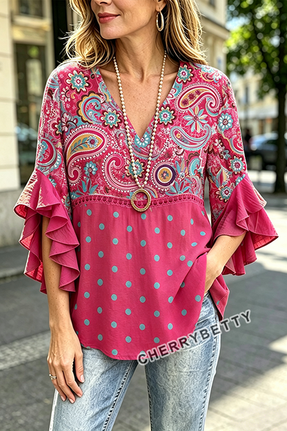 Vintage Paisley Print V-Neck Hollow Out Top