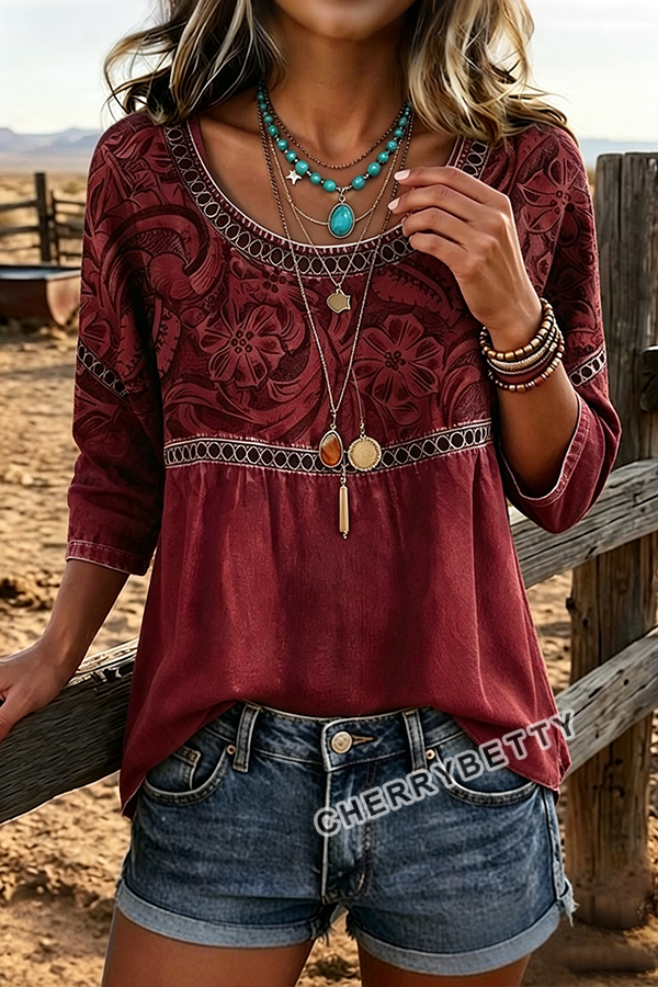 Retro Floral Print Hollow Out Top