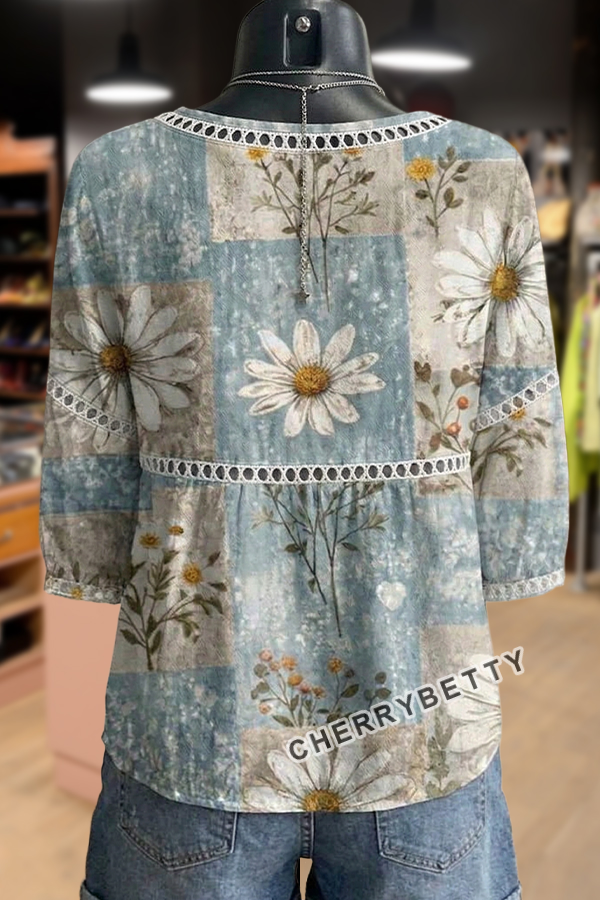 Vintage Floral Print Hollow Out Top