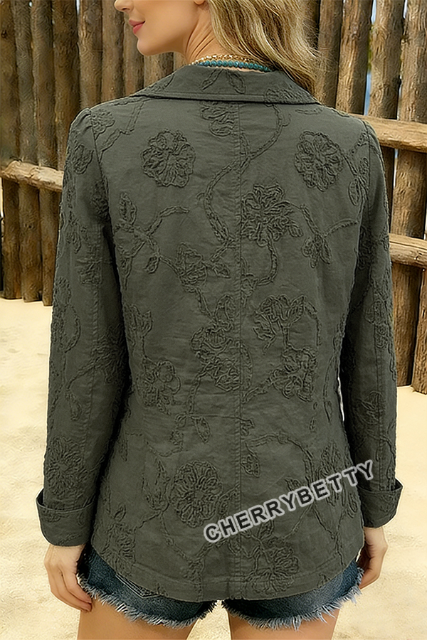 Elegant Flower Embroidered  Ruffle Trim Collared Jacket