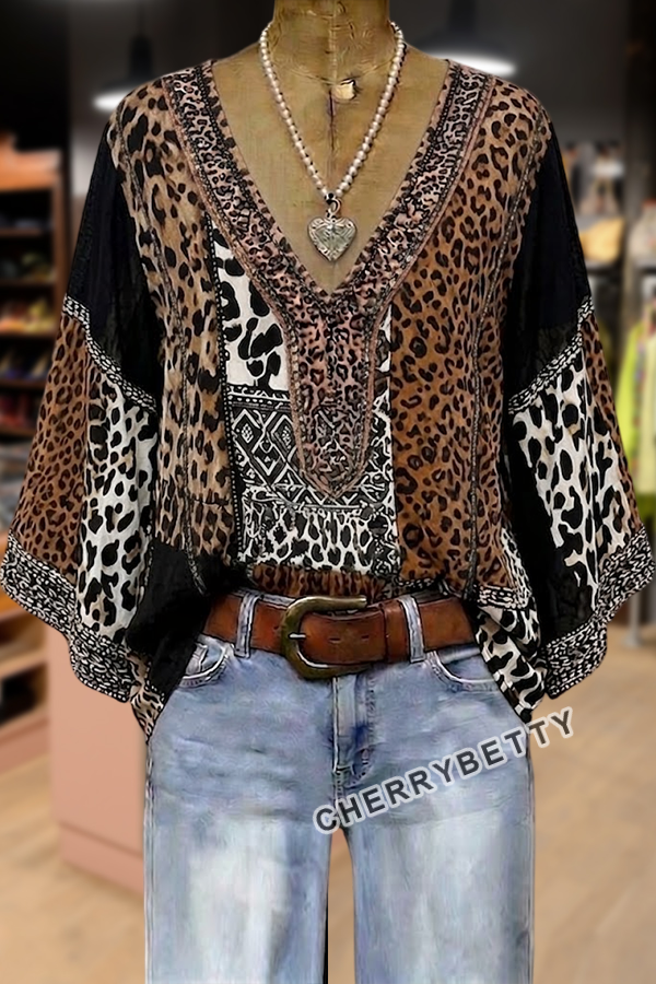 Boho Mixed Leopard Print V-Neck Three Quater Sleeve Blouse
