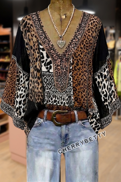 Boho Mixed Leopard Print V-Neck Three Quater Sleeve Blouse