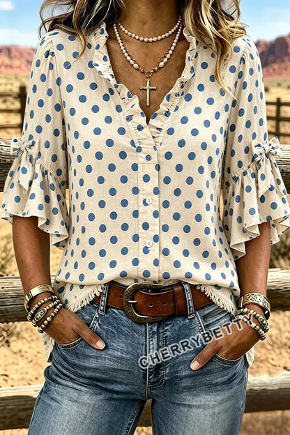Casual Polka Dot Print Ruffle Neck Bow Decor Half Sleeve Blouse