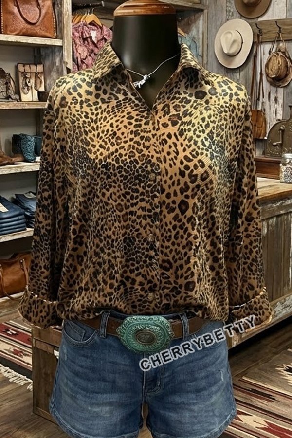 Leopard Print Collared Three Quater Sleeve Velvet Top