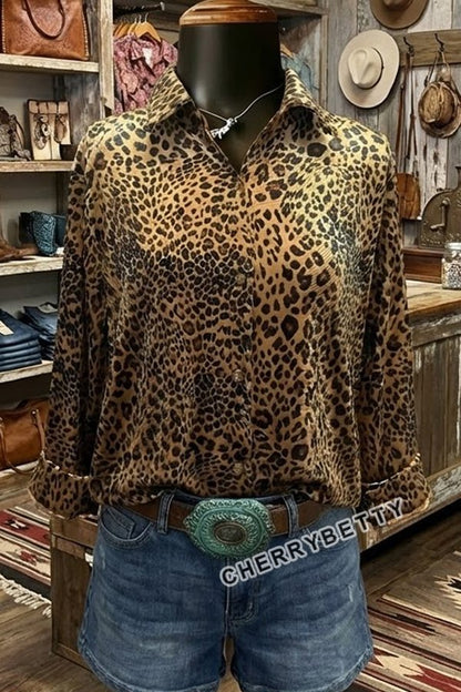 Leopard Print Collared Three Quater Sleeve Velvet Top