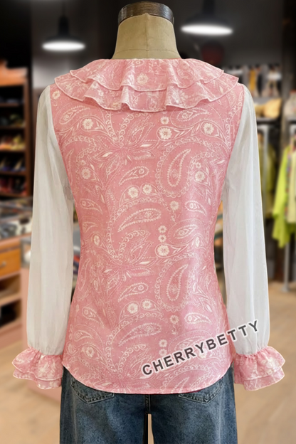 Retro Paisley Floral Print Ruffle V-Neck Mesh Top