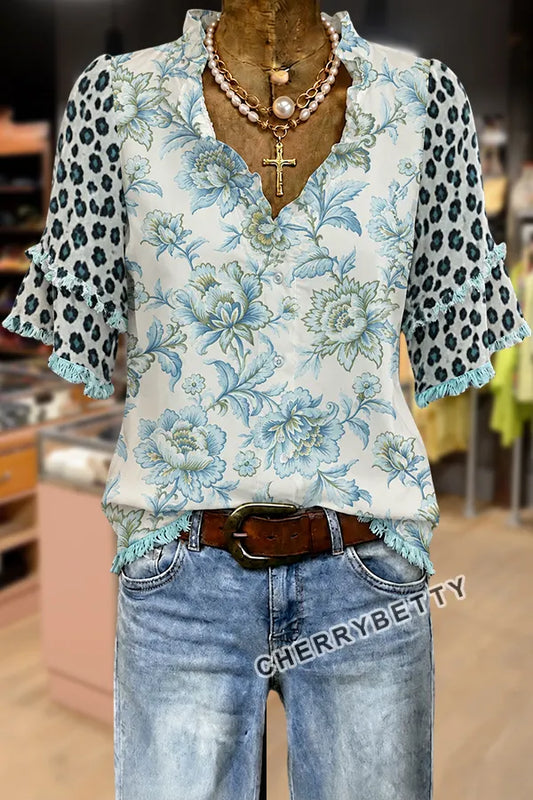 Mixed Leopard Floral Print Ruffle Neck Frayed Hem Top
