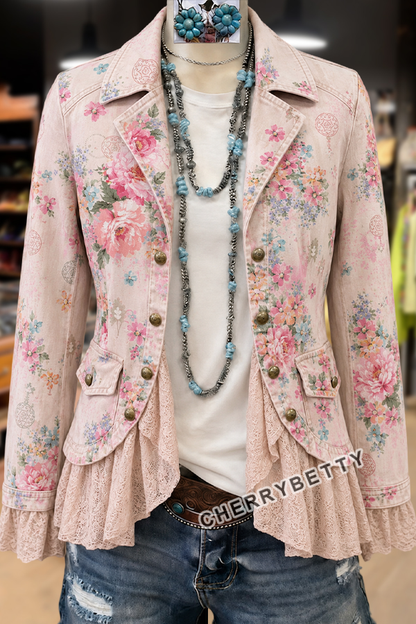 Vintage Floral Print Lace Patch Denim Jacket