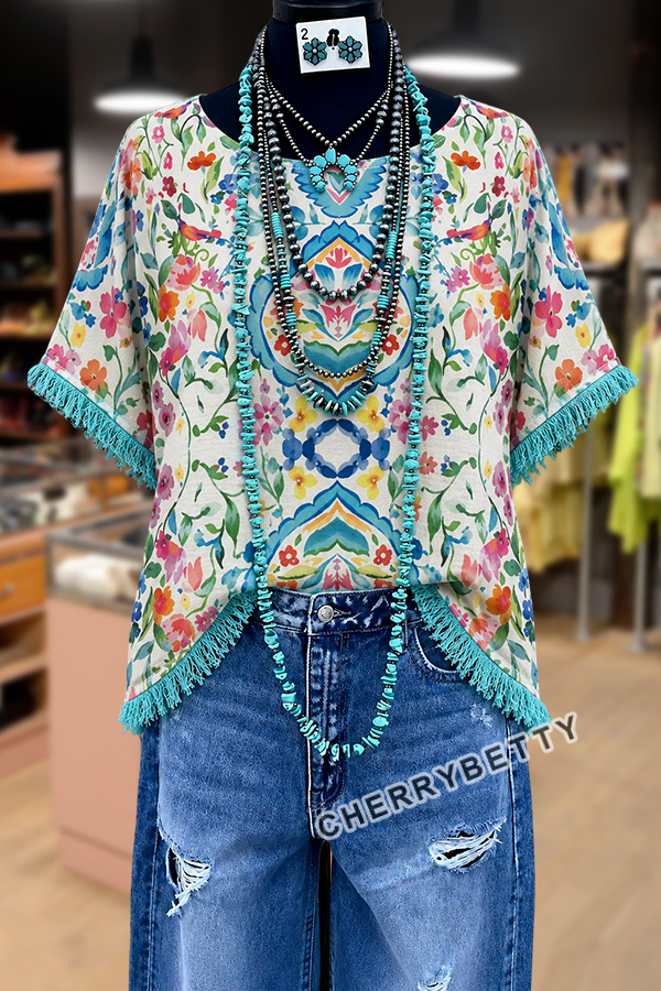Colorful Floral Print Side Slit Fringe Hem Dolman Sleeve Top