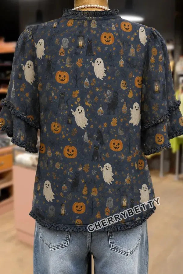 Retro Halloween Ghost Pumpkin Print Frayed Hem Top