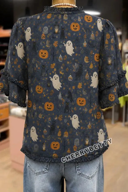 Retro Halloween Ghost Pumpkin Print Frayed Hem Top