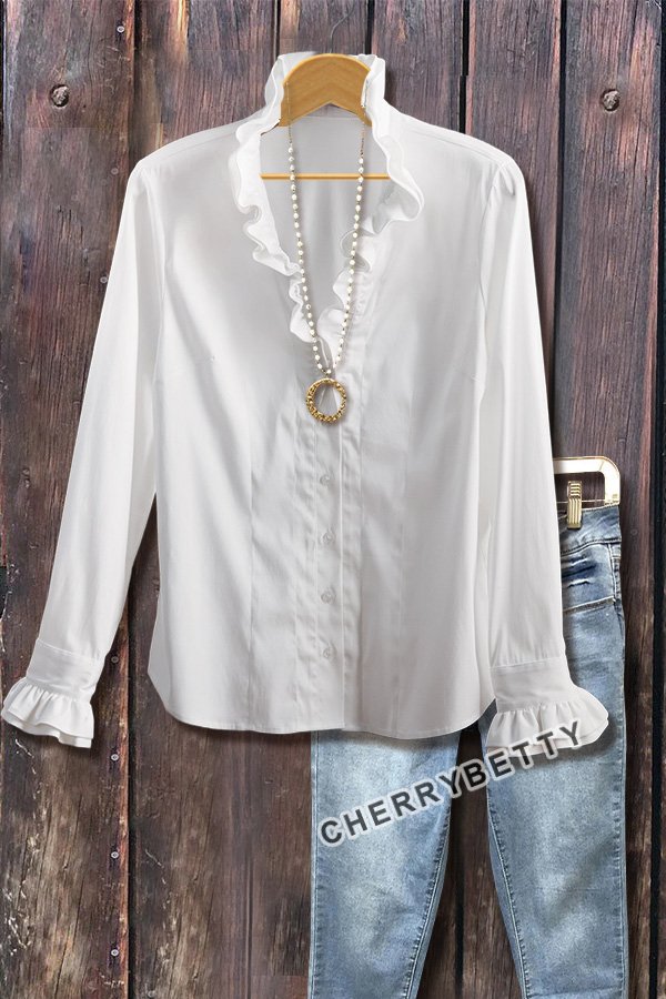 Elegant Stand Ruffle Collar Long Sleeve Shirt