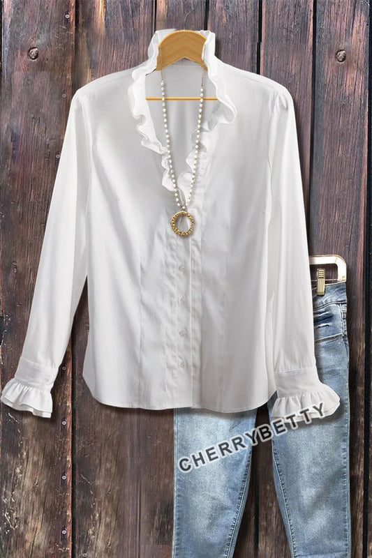 Elegant Stand Ruffle Collar Long Sleeve Shirt