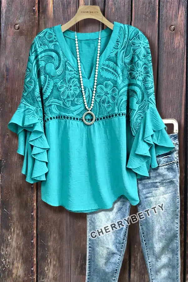 Vintage Floral Print Hollow Out Ruffle Sleeve Top
