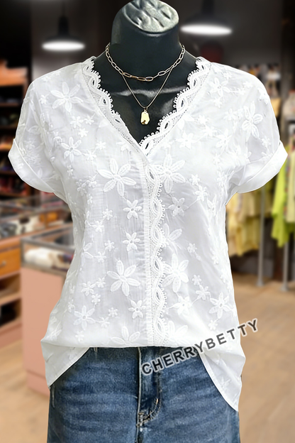 Solid Lace V-Neck Short Sleeve Jacquard Top