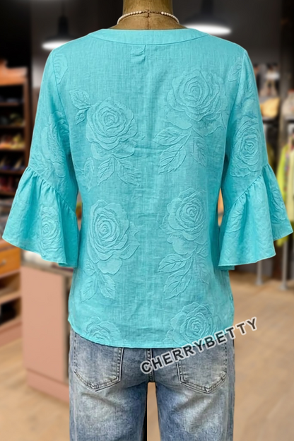 Chic Rose Textured Notch Neck Ruffle Sleeve Top