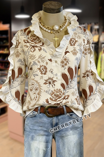 Vintage Floral Print Ruffle Collar Blouse