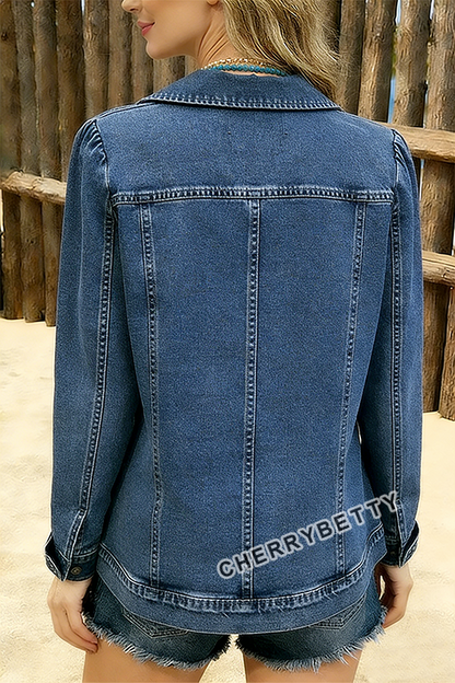 Solid Ruffle Trim Collared Denim Jacket