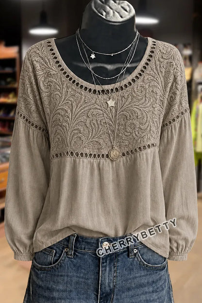 Vintage Floral Print Hollow Out Long Sleeve Top