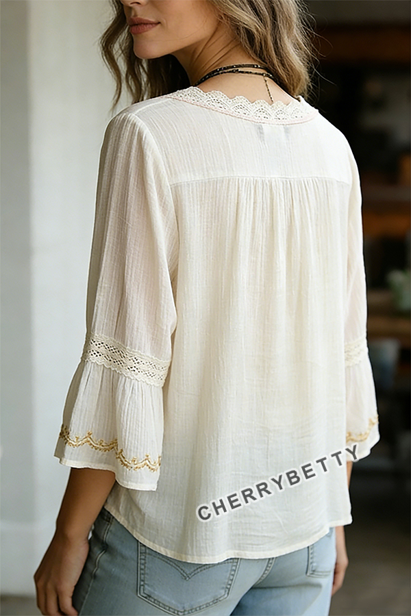 Boho Flower Embroidered Lace V-Neck Top