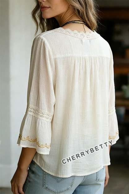 Boho Flower Embroidered Lace V-Neck Top