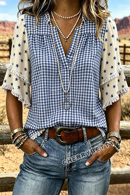 Mixed Patriotic Gingham Star Pattern Frayed Hem Top