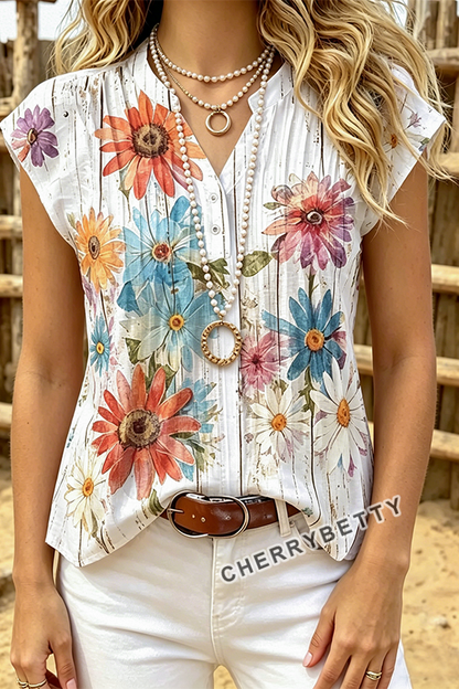 Vintage Floral Print Flutter Sleeve Top