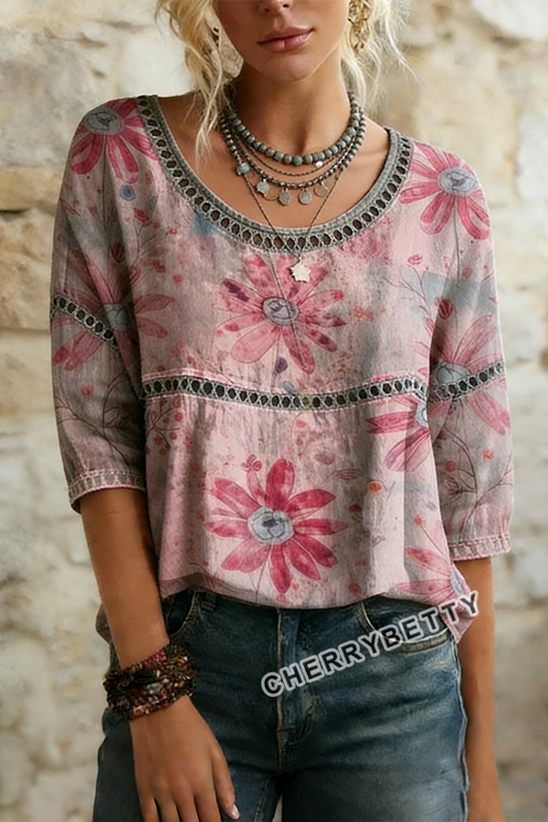 Vintage Floral Print Hollow Out Top