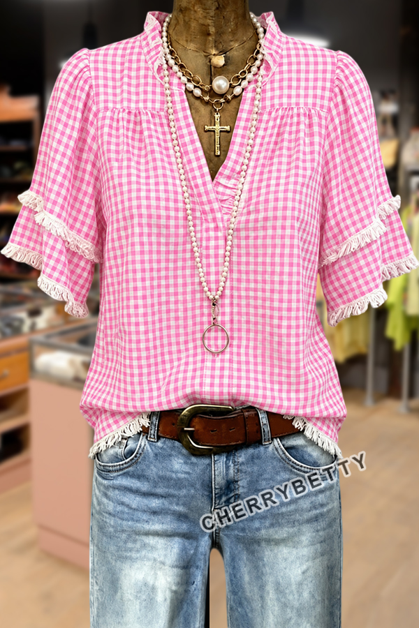 Classic Gingham V-Neck Frayed Hem Cotton Top