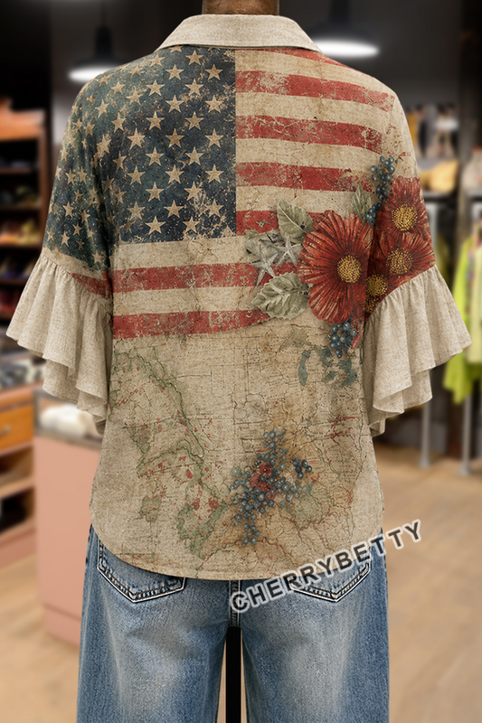American Flag Floral Print Ruffle Sleeve Top