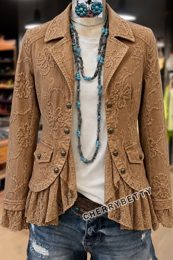 Elegant Flower Embroidered Lace Patch Cotton Jacket